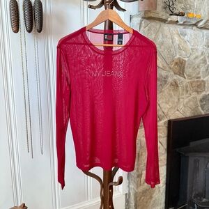 Y2k Sheer Mesh Long Sleeve Red Top